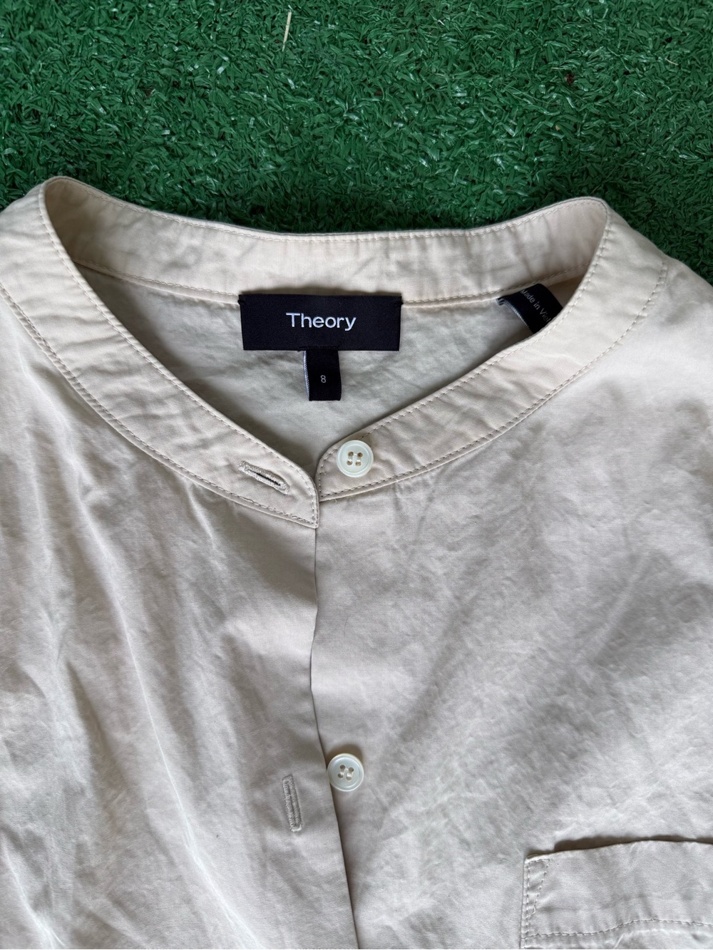 Theory Cream Collarless Button-Down dress